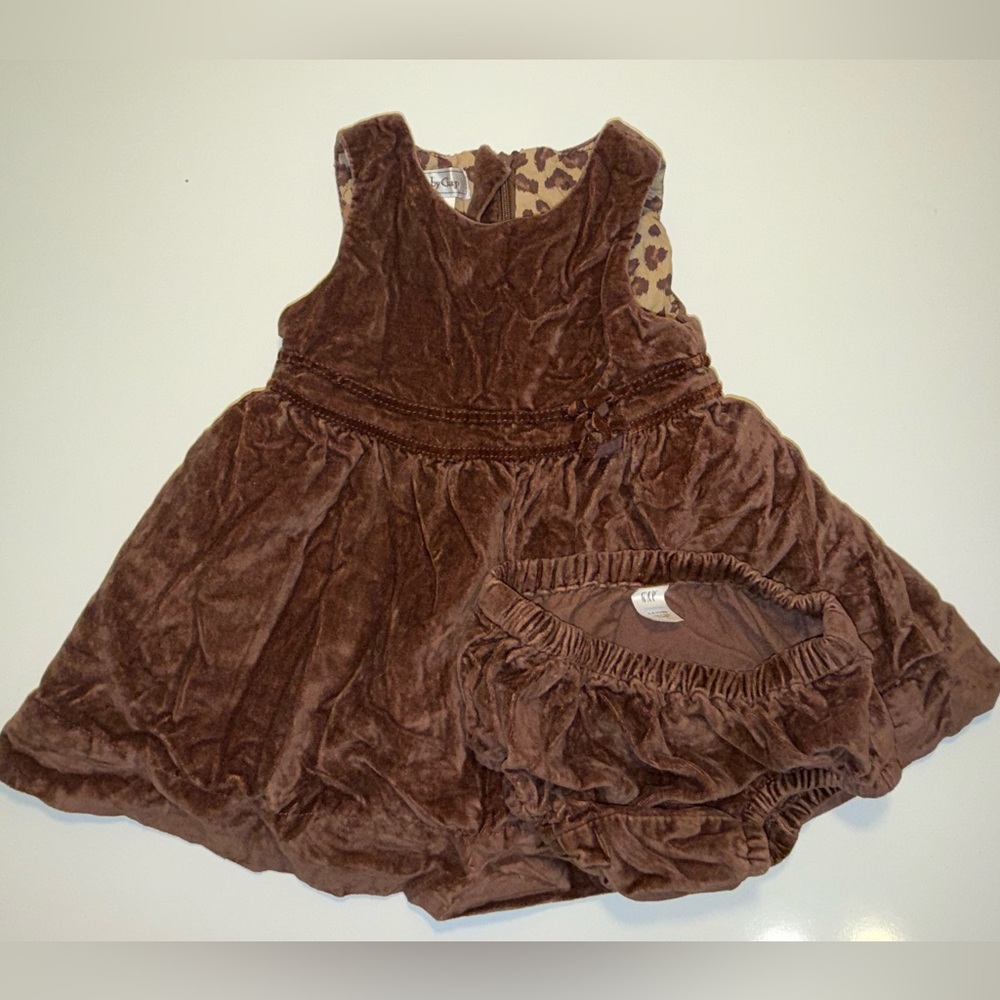 GAP BABY BROWN VELVET & CHEETAH PRINT LINED DRESS & BLOOMERS SET SZ 3-6 MONTHS
